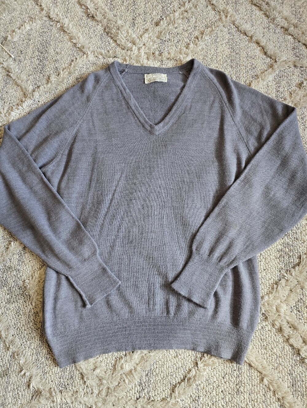 Christian Dior Vintage Gray V-Neck Sweater Men's Large Orlon Acrylic Made in USA